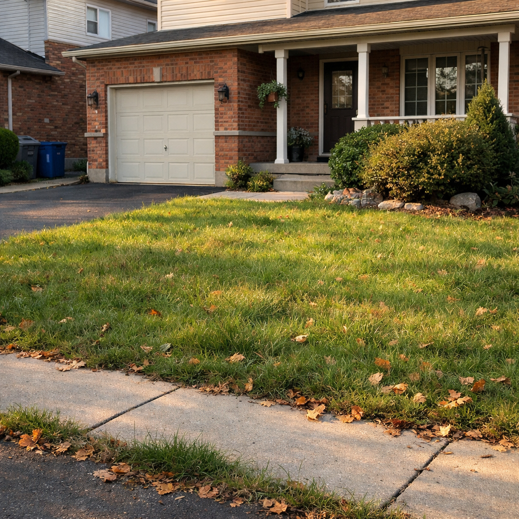 Lawn before Proud Lawn Brampton service — uneven, yellow grass with fallen leaves
